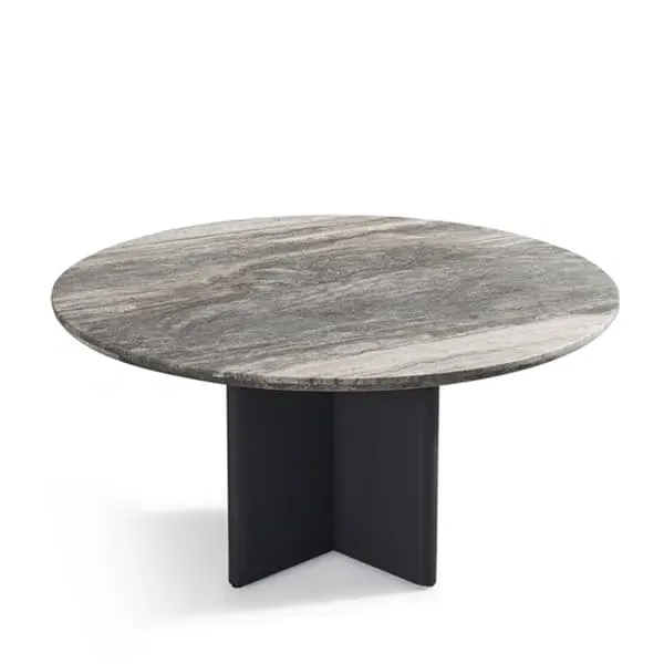 Round Outdoor Dining Table with Travertine - Dark Grey, Aluminium