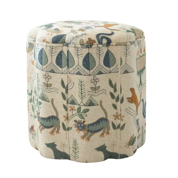 Scalloped Ottoman with Edge Detail - Multicoloured, Linen