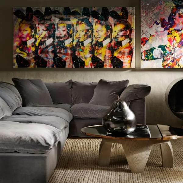 Sectional Sofa with Feather Cushions - Grey, Velvet