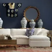 Small Sectional Sofa with Feather Cushions - White, Linen