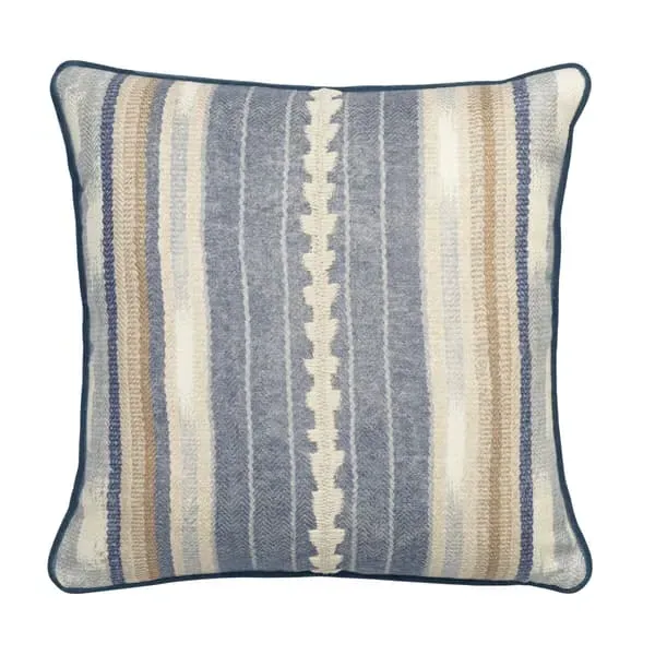 Square Cushion with Embroidered Stripe - Denim