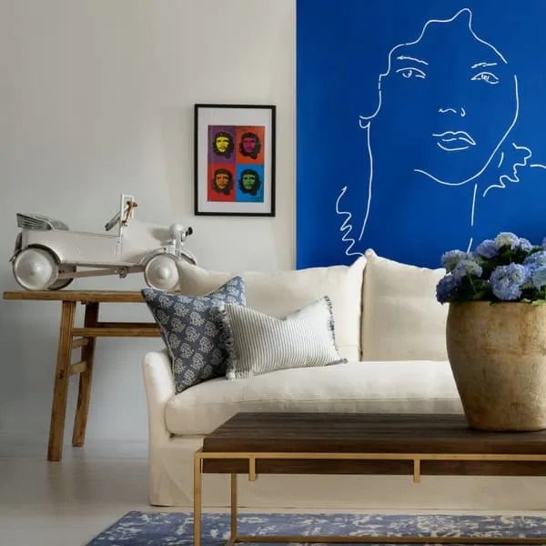 Square Cushion with Floral Print - Denim, Linen