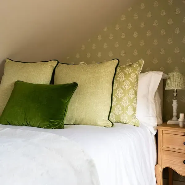 Square Cushion with Floral Print - Green, Linen