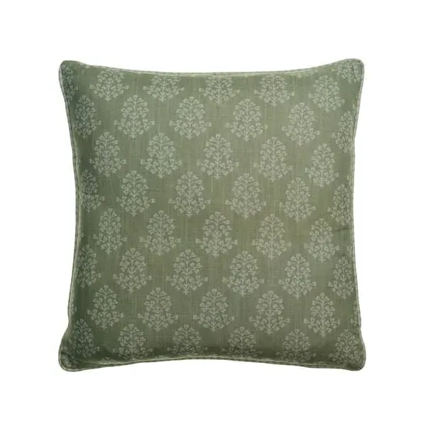 Square Cushion with Floral Print - Green, Linen