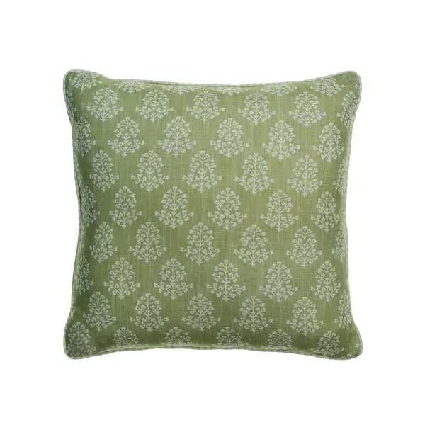 Square Cushion with Floral Print - Green, Linen
