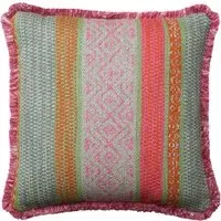Square Cushion with Fringe Trim - Pink, Cotton