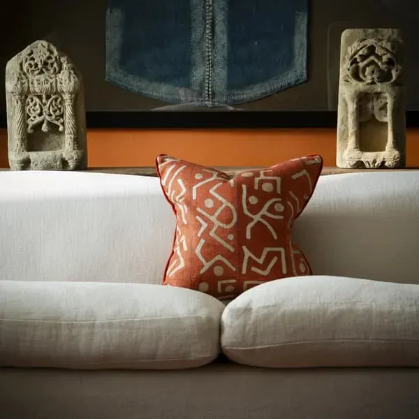 Square Cushion with Geometric Pattern - Brick, Linen