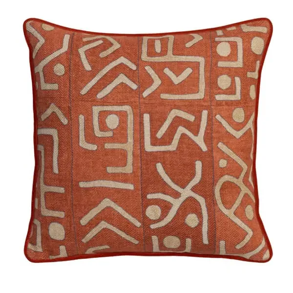 Square Cushion with Geometric Pattern - Brick, Linen