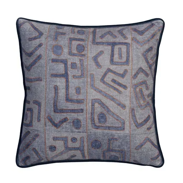 Square Cushion with Geometric Pattern - Denim, Linen