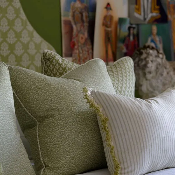 Square Cushion with Squiggle Print - Green, Linen