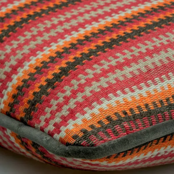Striped Cushion with Serrated Edges - Red, Cotton