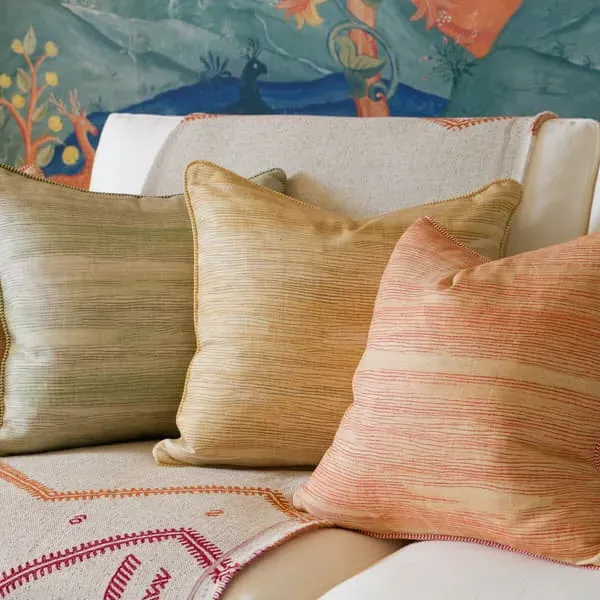 Feather Cushion with Brush Marks - Green, Linen