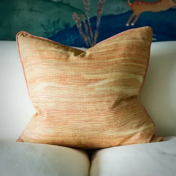 Feather Cushion with Brush Marks - Orange, Linen