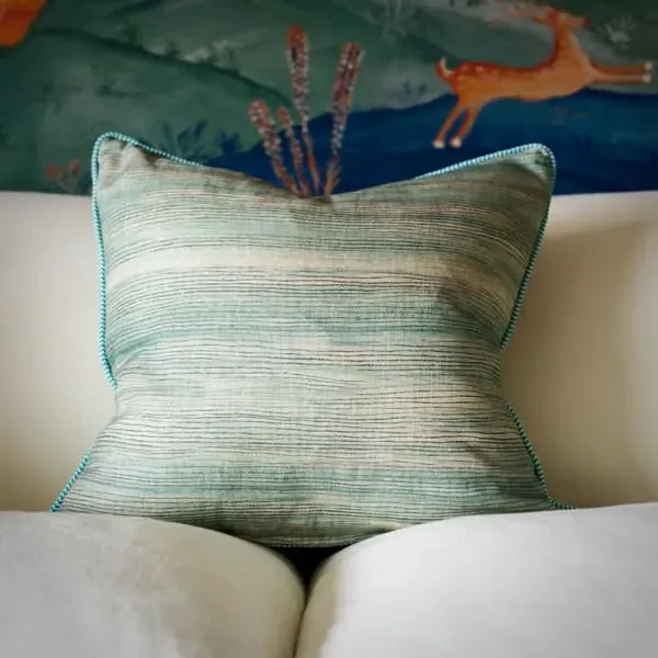 Feather Cushion with Brush Strokes - Blue, Linen