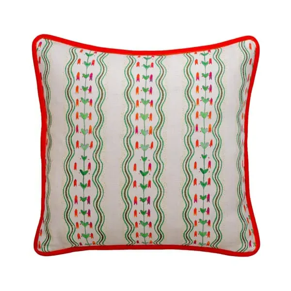 Feather Cushion with Floral Stripe - Emerald, Linen image