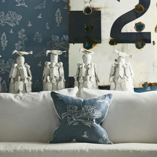 Square Cushion with Animal Print - Blue, Linen