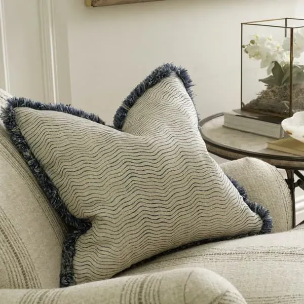 Feather Cushion with Fringe - Denim, Linen Blend