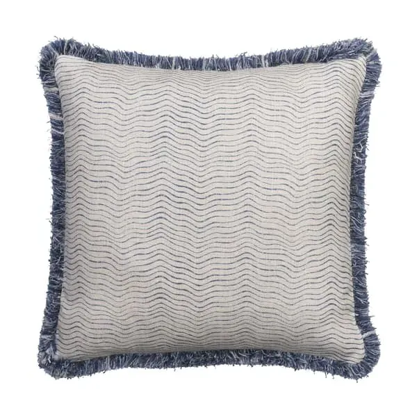 Feather Cushion with Fringe - Denim, Linen Blend image