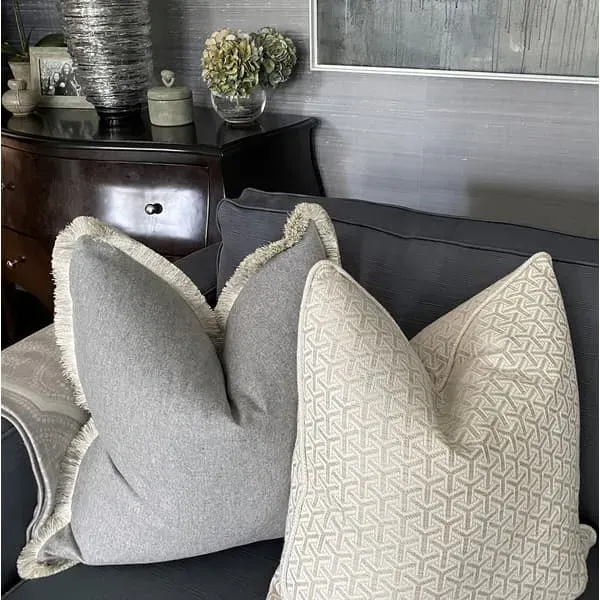 Feather Cushion with Trim - Grey, Wool Blend