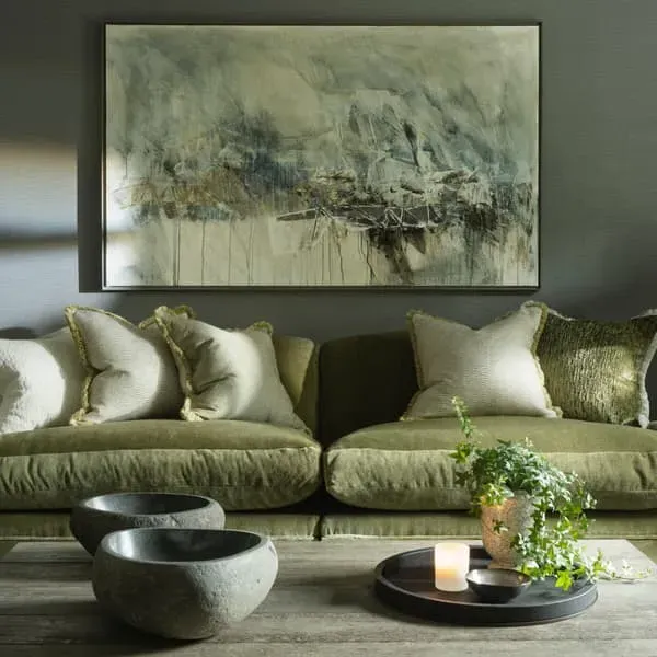 Square Cushion with Feather Fill - Olive, Velvet