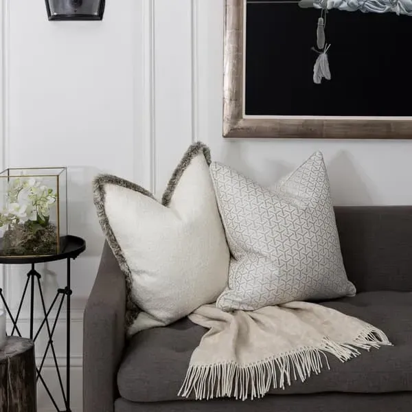 Square Cushion with Geometric Pattern - String, Linen