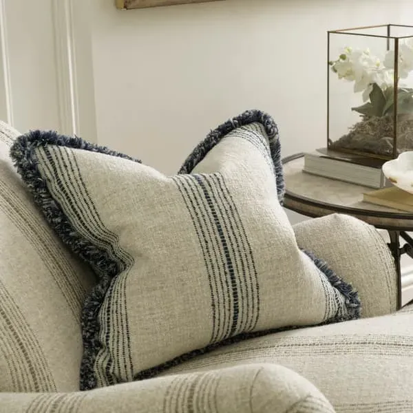 Striped Cushion with Feather Fill - Navy, Linen