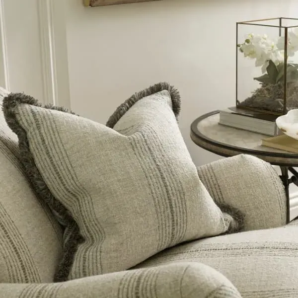 Striped Cushion with Trim - Silver, Linen Blend