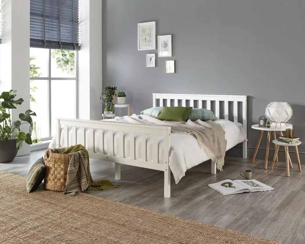 Double Bed Frame with Mattress - White, Wood image