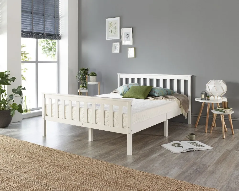 Bed Frame with Slat System - White, Solid Wood image