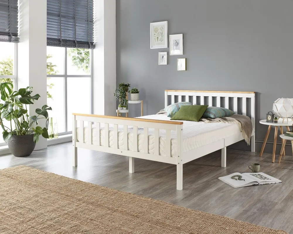 Bed Frame with Slat System - White, Solid Wood image