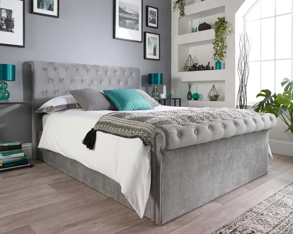Ottoman Storage Bed with Scroll Top - Grey, Velvet image