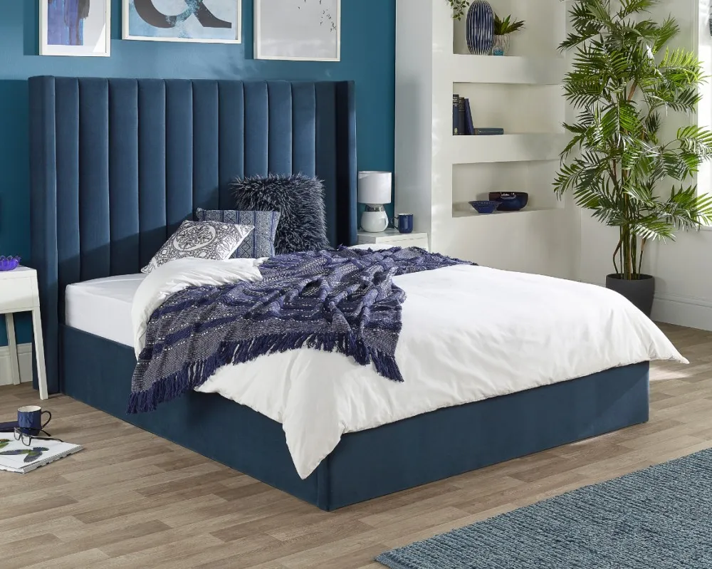 Winged Headboard Ottoman Bed - Blue, Velvet image