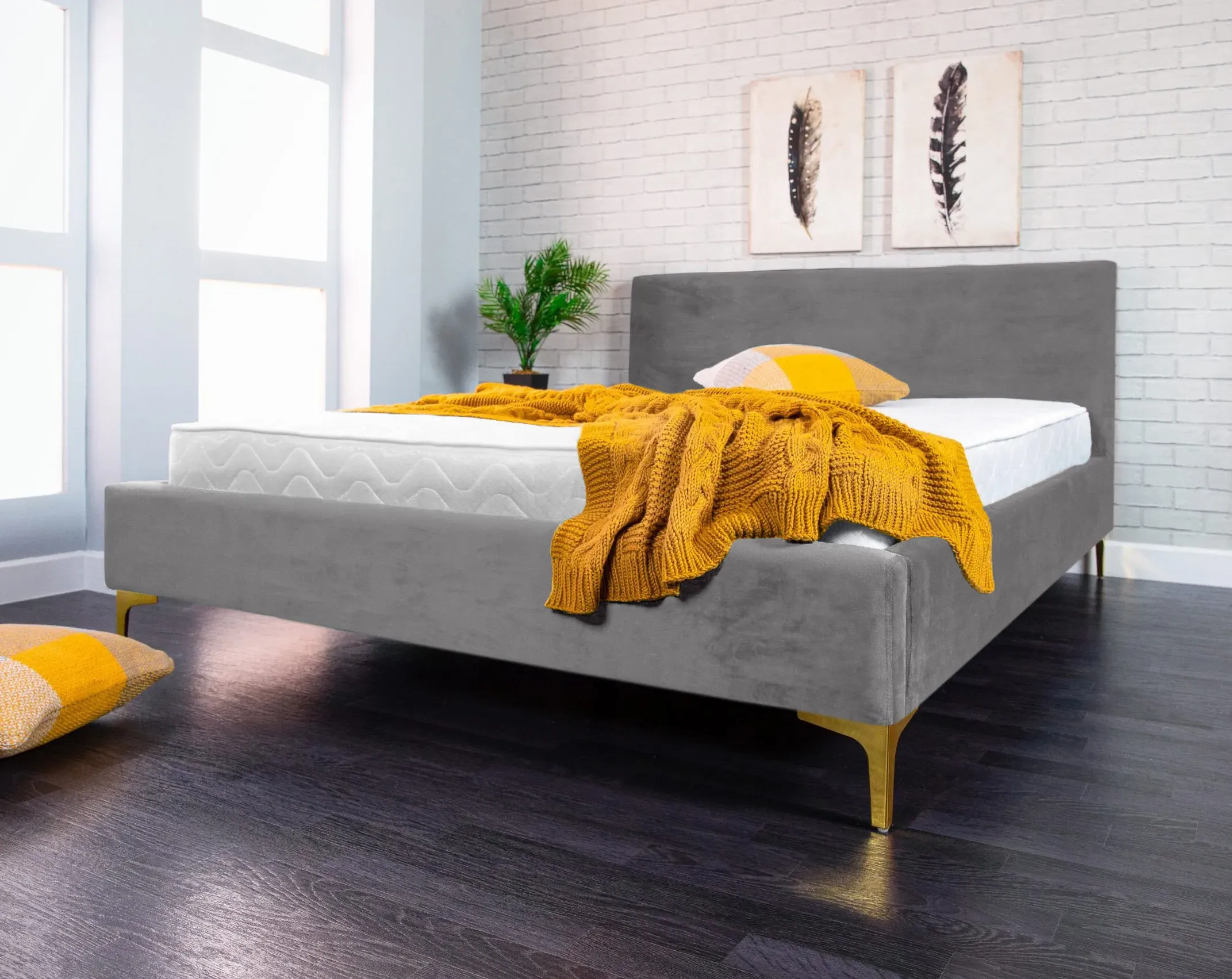 Bed Frame with Sprung Slats - Grey, Velvet image