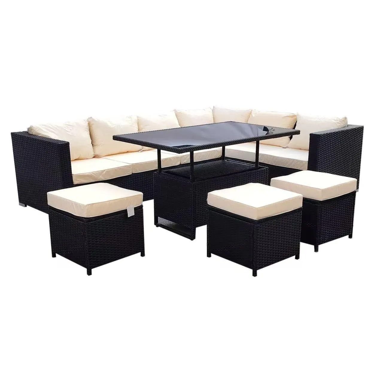 L-Shaped Garden Dining Set with Stools - Rattan image