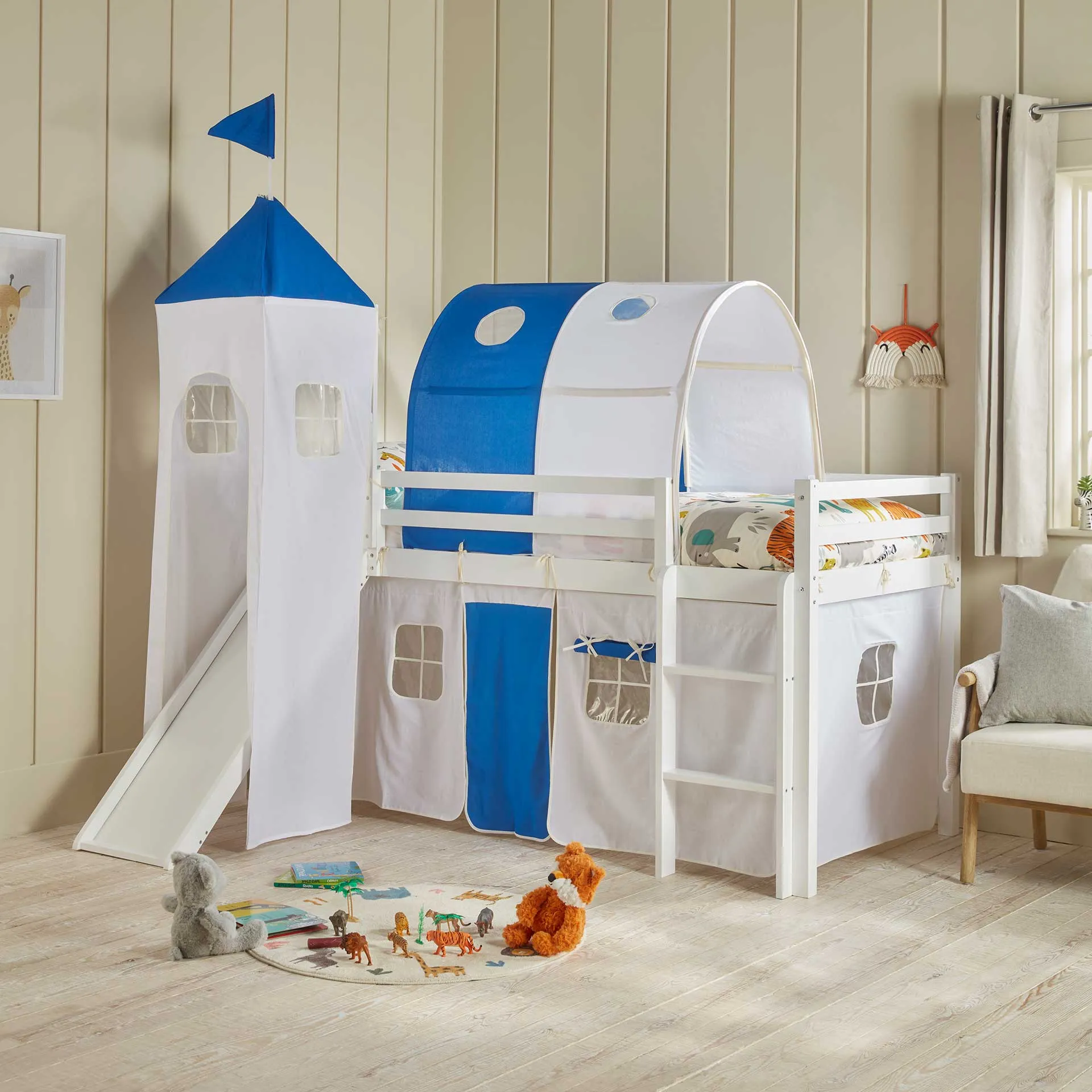 Single Mid Sleeper Bed with Slide - Blue, Wood image
