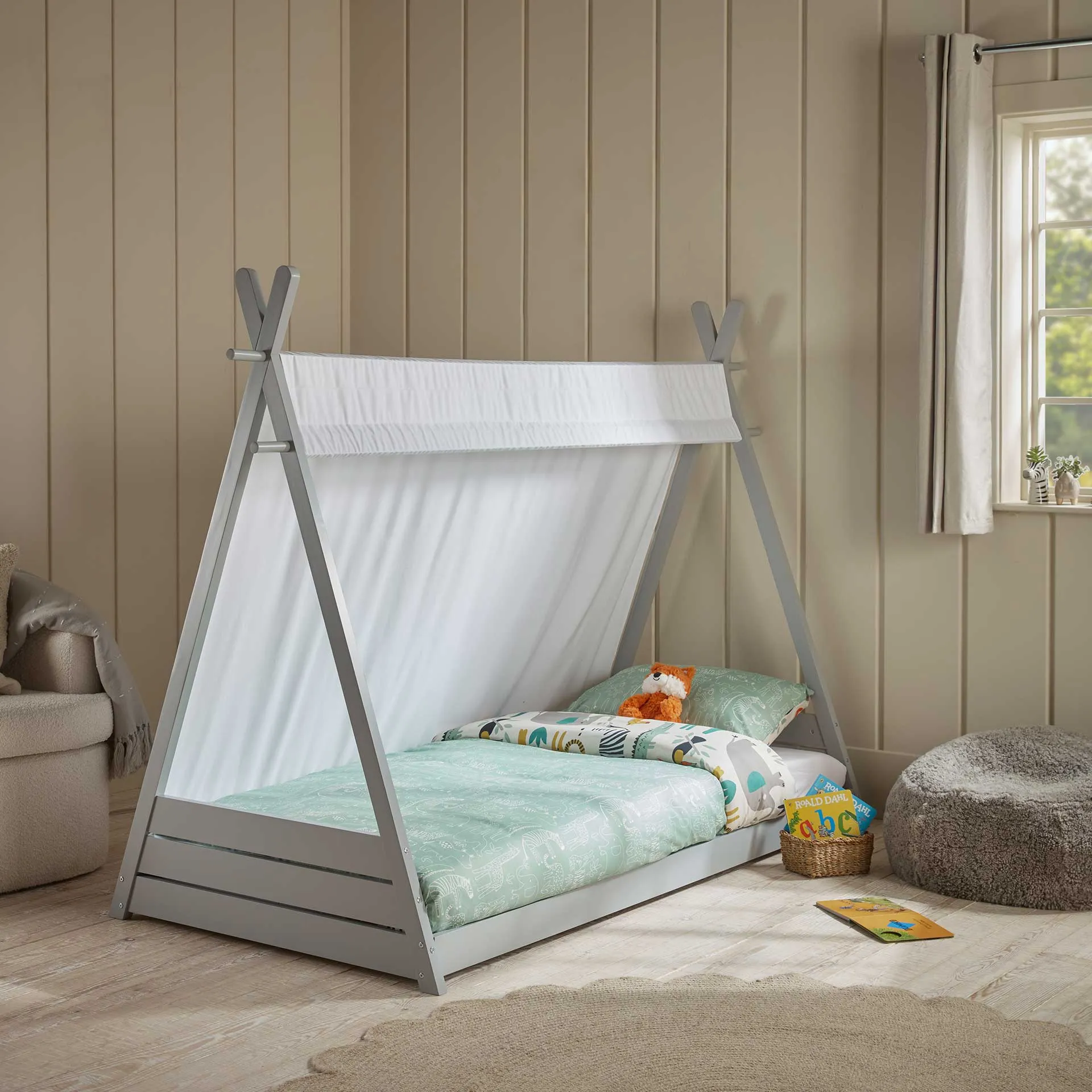 Single Teepee Cabin Bed with Canopy - Grey, Wood image