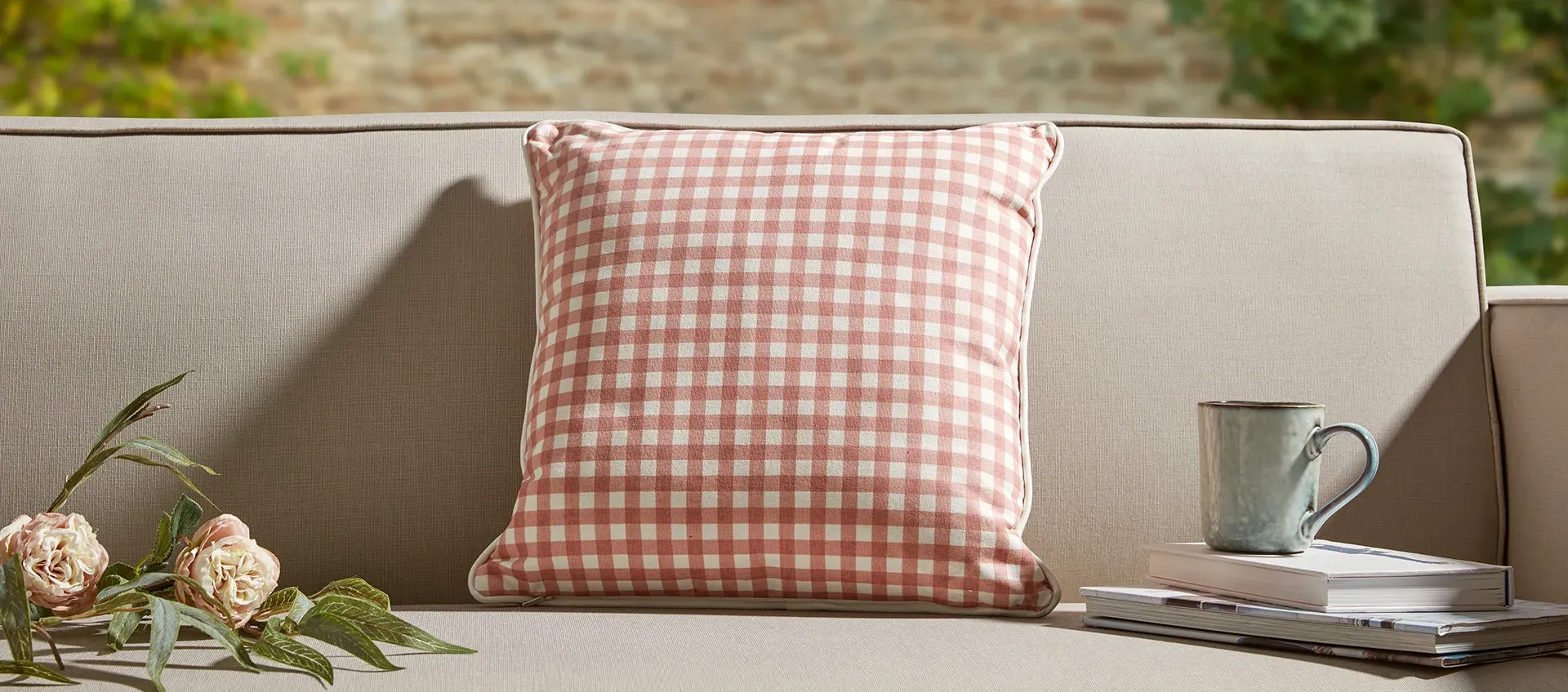 Square Outdoor Cushion - Pink, Gingham Fabric image