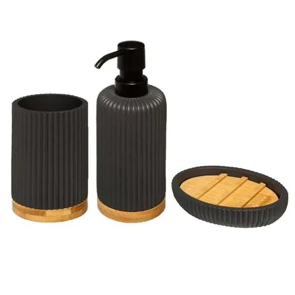 3-Piece Bathroom Accessories Set - Black, Bamboo