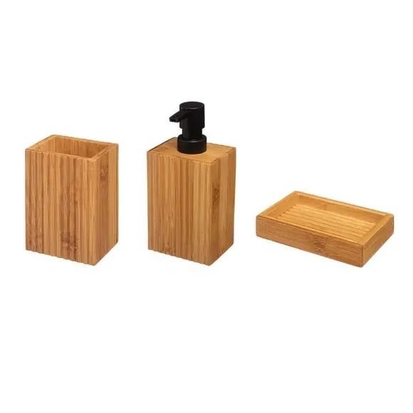 3-Piece Bathroom Accessories Set - Natural Bamboo image