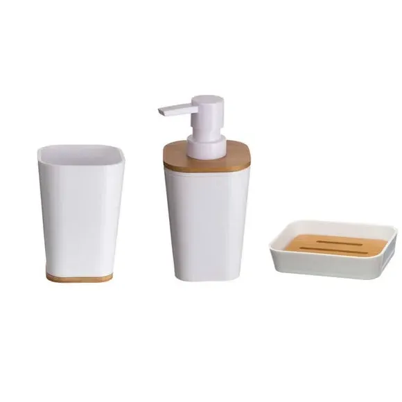 3-Piece Bathroom Accessories Set - White, Bamboo image