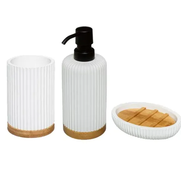 3-Piece Bathroom Accessories Set - White, Bamboo