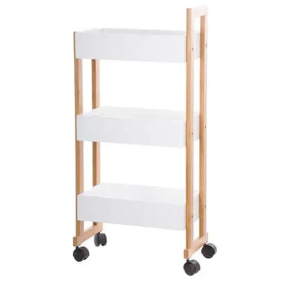 3-Tier Storage Trolley with Wheels - White, Bamboo