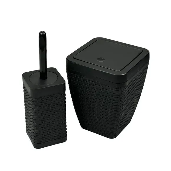 Toilet Brush & Bin Set - Black, Rattan