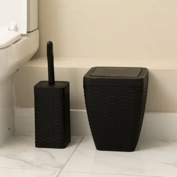 Toilet Brush & Bin Set - Black, Rattan image