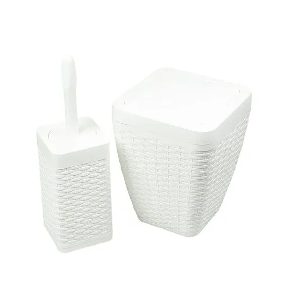 Toilet Brush & Bin Set - White, Rattan Design