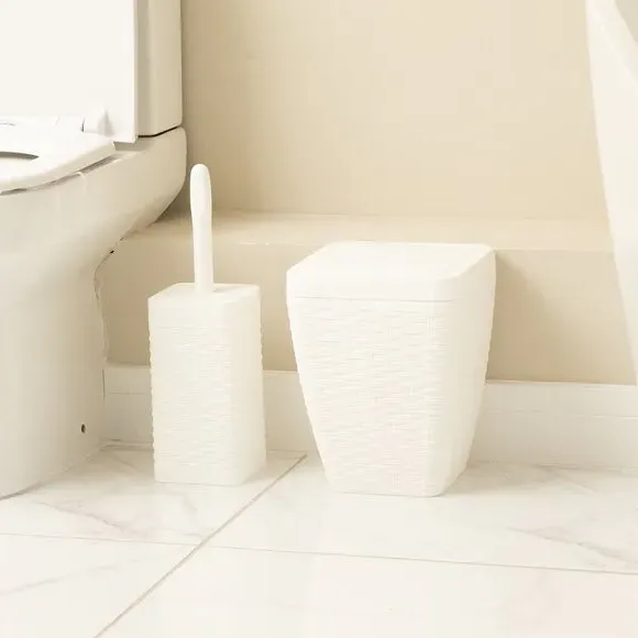 Toilet Brush & Bin Set - White, Rattan Design image