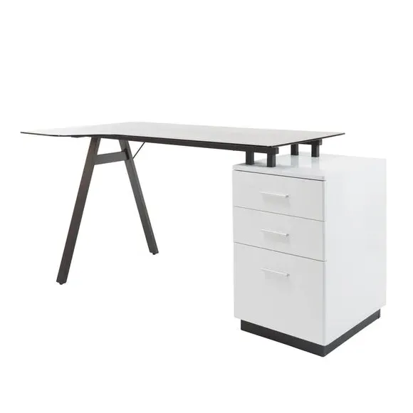 L-Shaped Desk with Pedestal - White, Glass