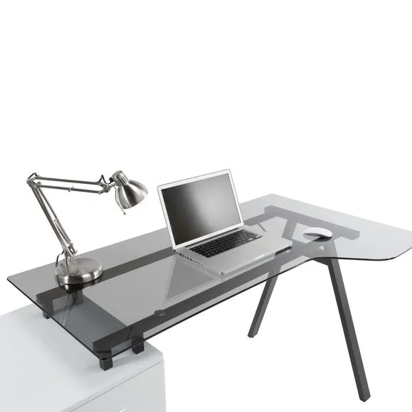 L-Shaped Desk with Pedestal - White, Glass