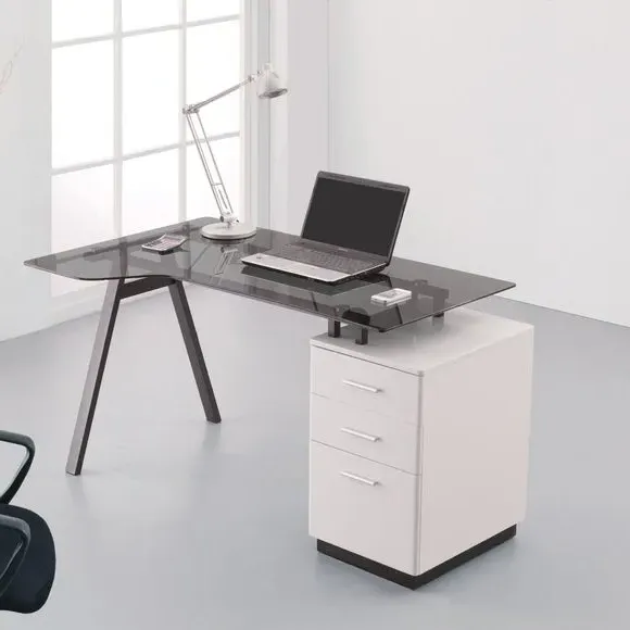 L-Shaped Desk with Pedestal - White, Glass image