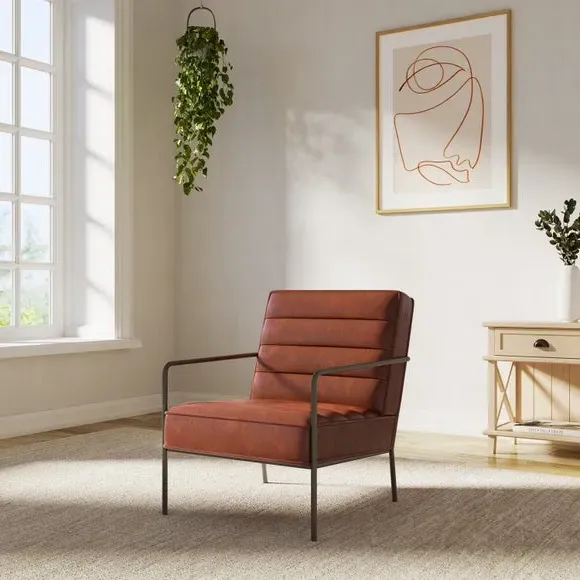 Metal Arm Accent Chair - Rust, Faux Leather